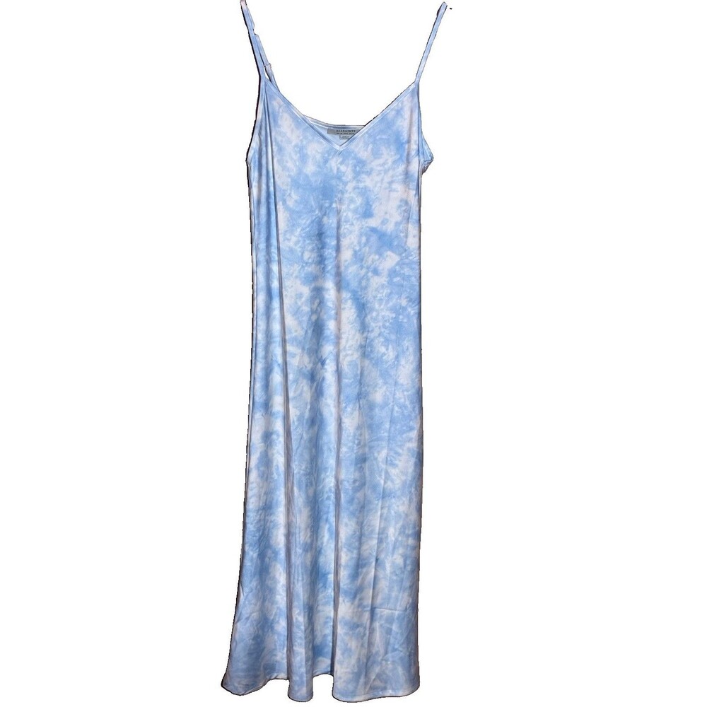 ALLSAINTS slip Dress Sz 8 Tie Dye cloud Satin Blue White V Neck girly sexy 90s